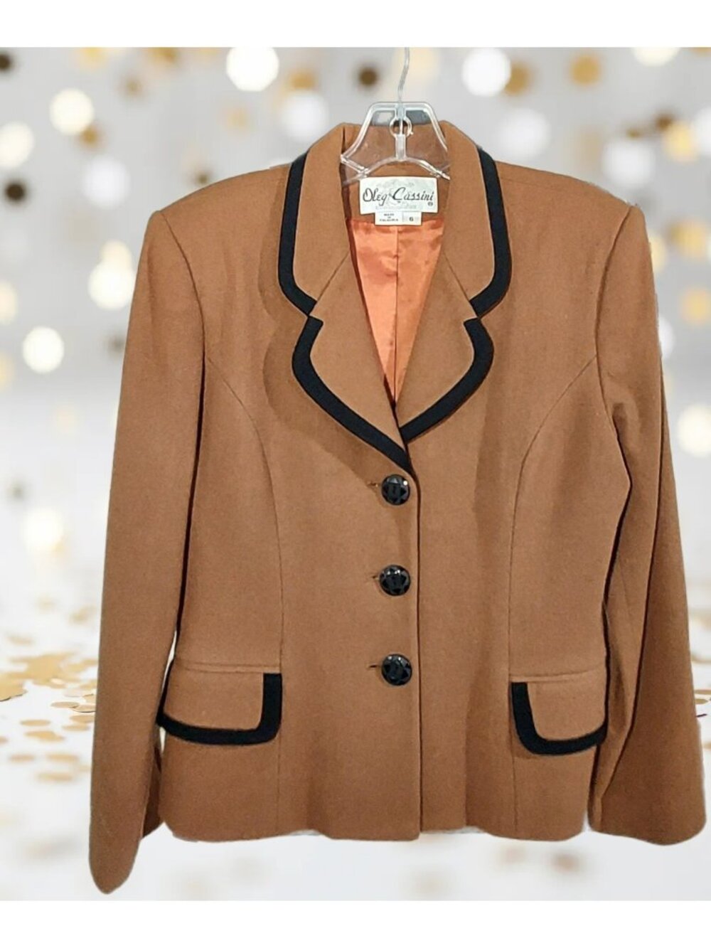 Oleg Cassini Womens Moca Jacket Size 6 Black Trim 100% Wool